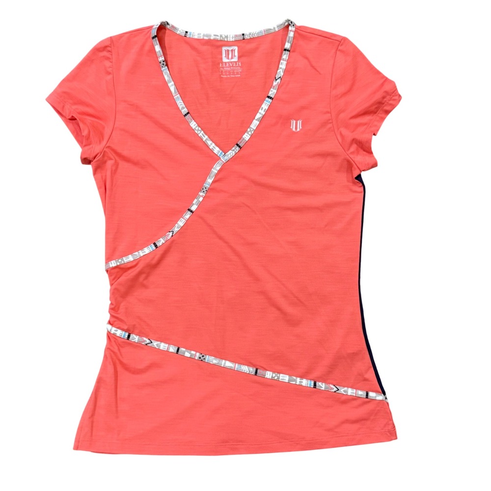 Eleven by Venus Williams Womens Coral Pink Navy Blue V-Neck Athletic Top Size S